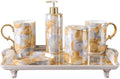 Vanity Bathroom Decor, Bathroom Accessories Set，Ceramic Soap Dispenser Refillable Lotion Liquid Soap Pump Housewarming Gift(B,5Pieces+Tray)