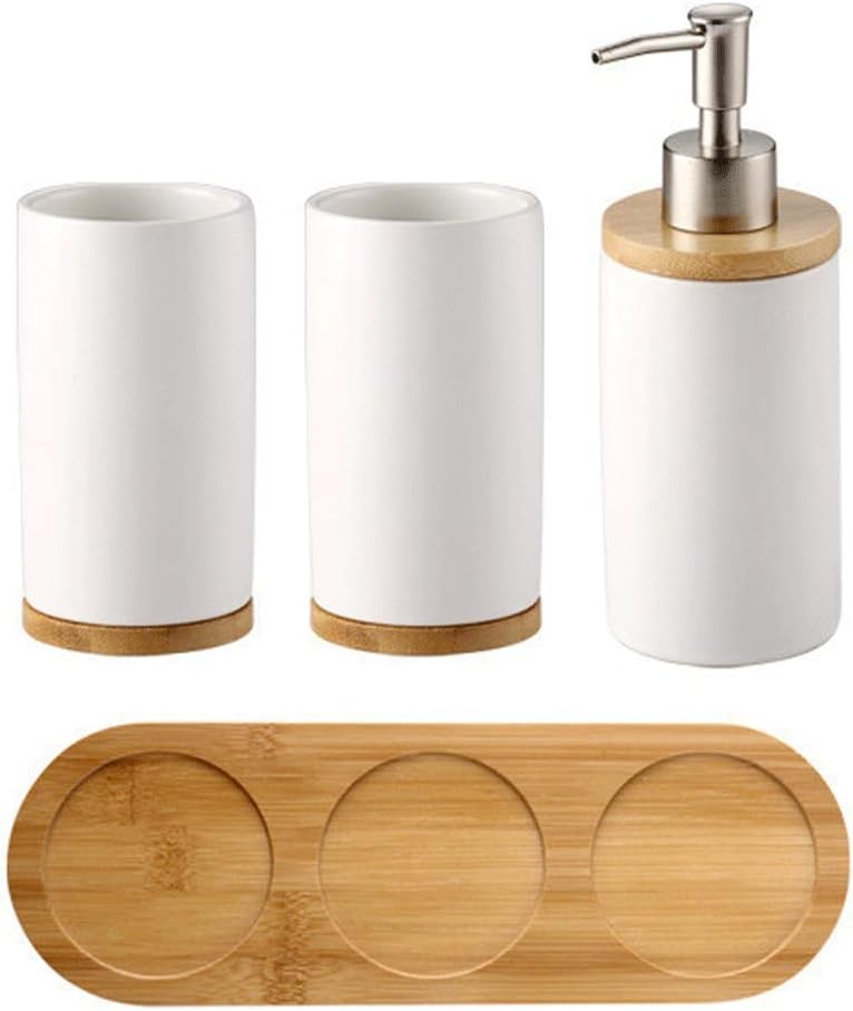 Bathroom Accessory Set, 4 Pcs Ceramic Bathroom Accessories Sets Complete with Soap Dispenser, Toothbrush Holder, Bathroom Decor Vanity Countertop (Color : Gray) (White)