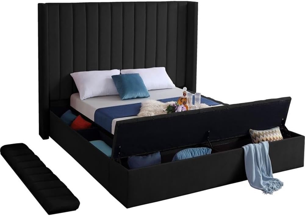 Meridian Furniture Kiki Collection Modern | Contemporary Velvet Upholsterd Bed with Channel Tufting, Siderails and Footboard Storage Compartments, Full, Black