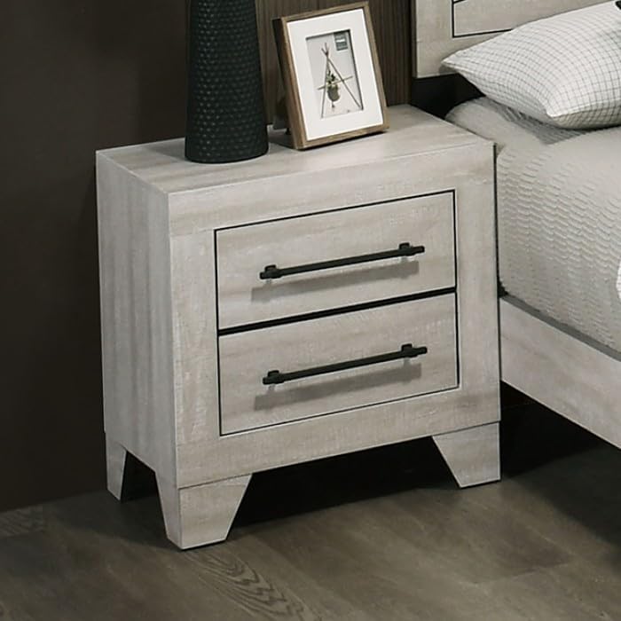 MASARA 3-Piece Bedroom Set with Geometric Headboard, Light Gray Engineered Wood and Rubberwood, Queen/King Platform Bed, 2 Nightstands, Contemporary Style (King (U.S. Standard))