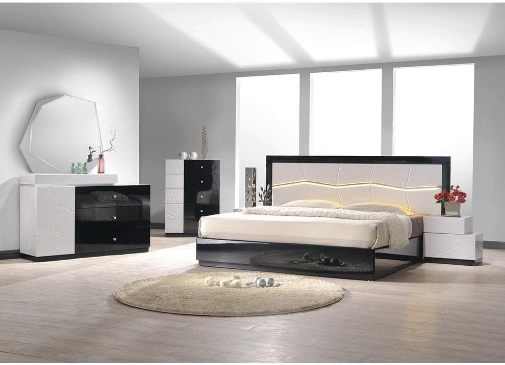 Modern 3 Piece California King Bedroom Set, Lacquer Wood Platform Bed with 2 Nightstand, Black/White