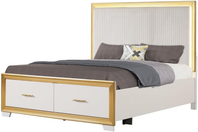 4-Piece King Bedroom Set with Wood & Gold Finish - Contemporary Style