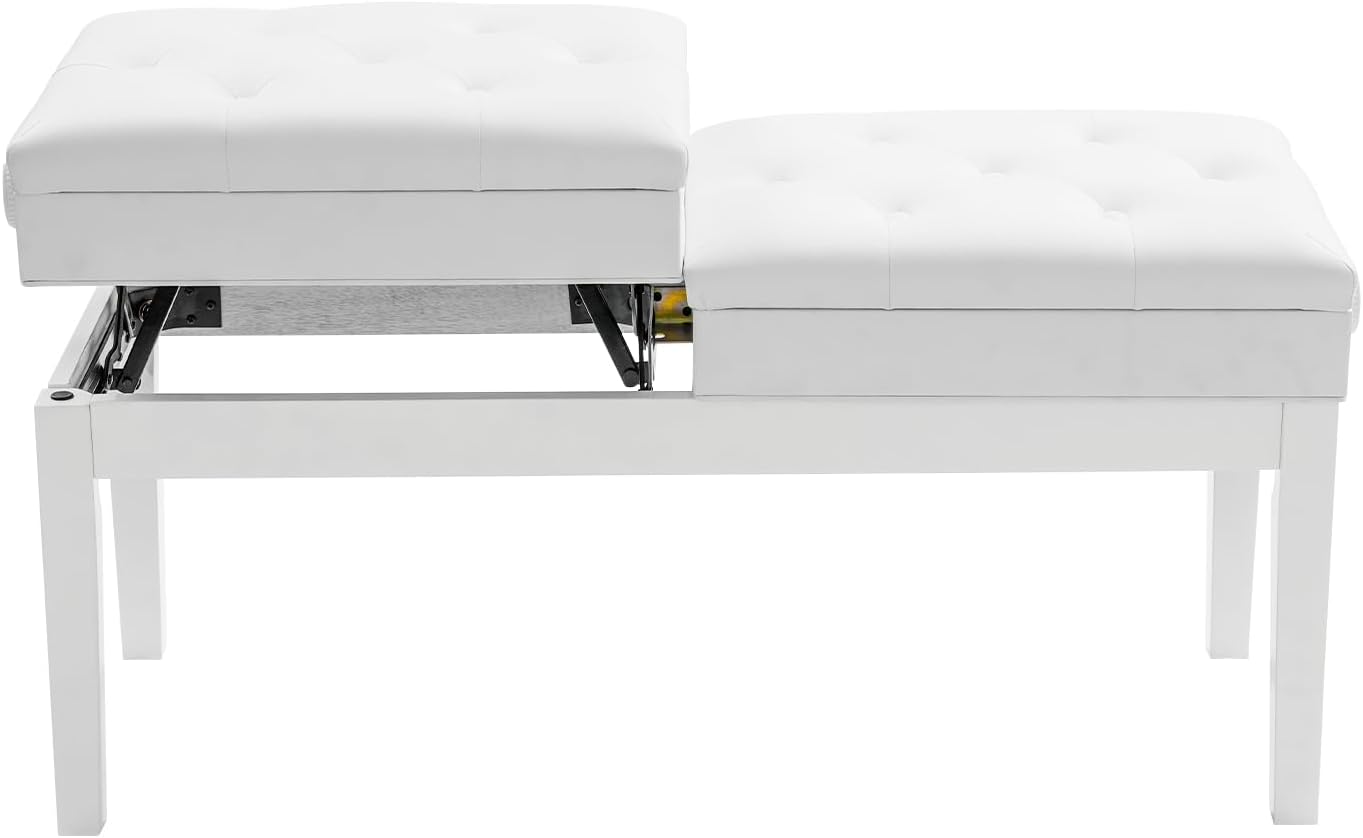 AngelcityCC Longer Duet Piano Bench with Storage, Adjustable Height Double Keyboard Piano Bench Seat with PU Leather Cushion