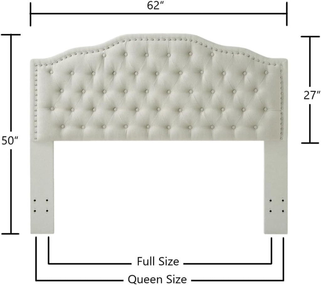 24KF Upholstered Button Tufted Queen Headboard with Nailhead Trim, Elegant Boucle Fabric Full headboard, 6031-Q-Boucle-Beige