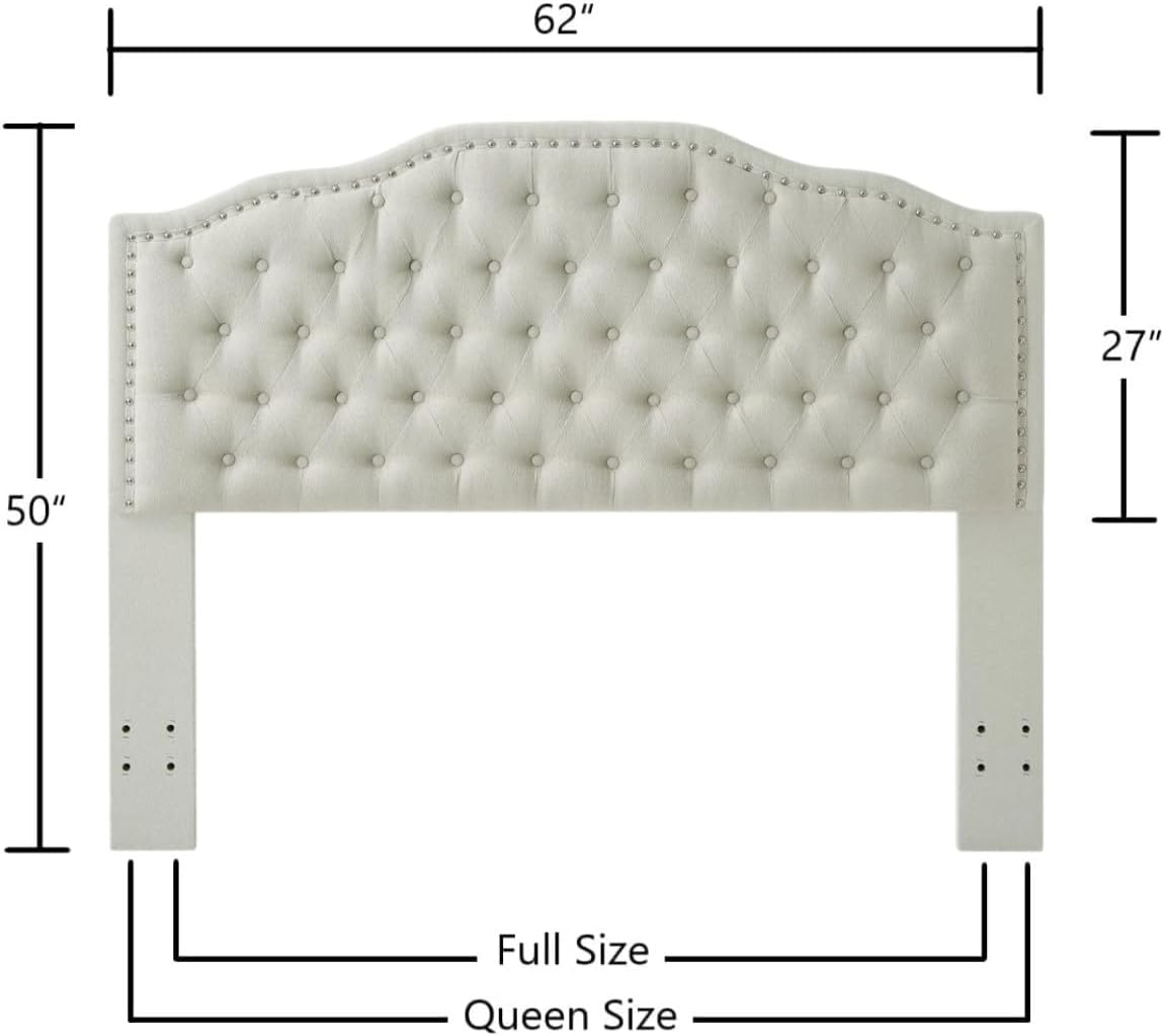 24KF Upholstered Button Tufted Queen Headboard with Nailhead Trim, Elegant Boucle Fabric Full headboard, 6031-Q-Boucle-Beige