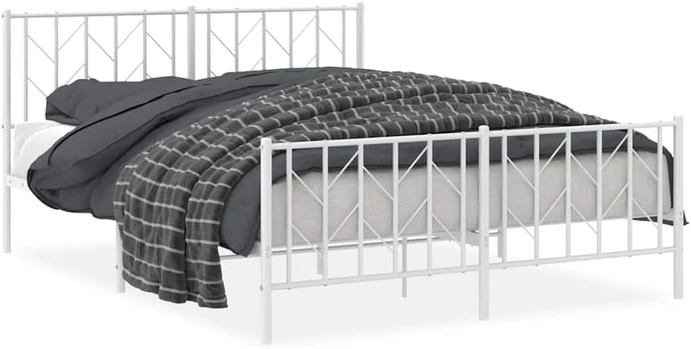Metal Bed Frame Queen Size White Steel Platform Bedframe with Footboard and Underbed Storage Space, Sturdy Bed Base for Bedroom Furniture