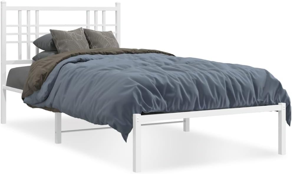 Metal Bed Frame with Headboard Twin Size White 39.4'x78.7' Steel Platform Base Underbed Storage Space Sturdy Bedframe for Bedroom Furniture