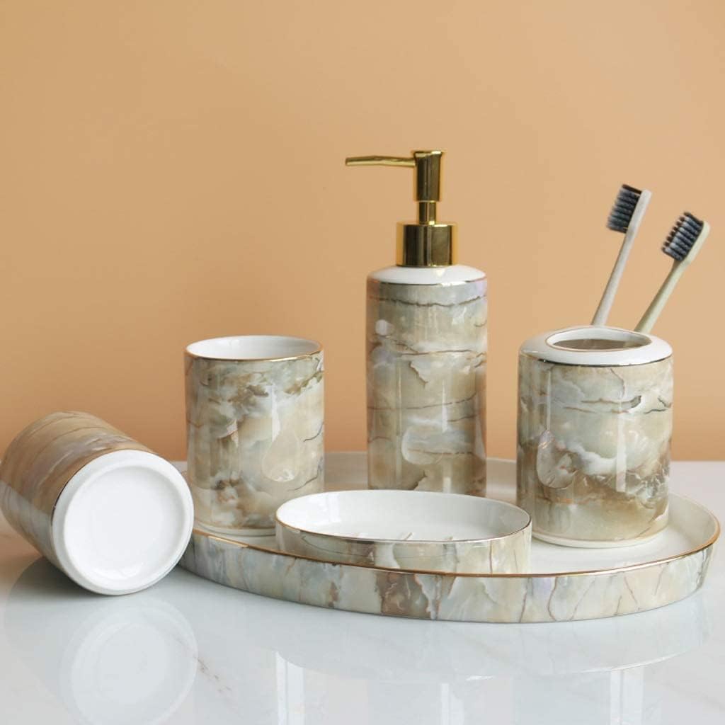 Vanity Bathroom Decor, 6Pcs Ceramic Bathroom Accessory Set Soap Dispenser Soap Dish Mouthwash Cup Toothbrush Holder Toiletries Set Housewarming Gift