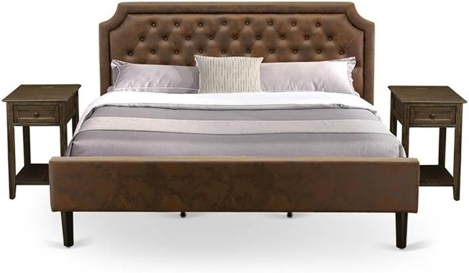 Pemberly Row 3-Piece Wood King Bedroom Set, Faux Leather Padded Bed with Two Nightstands, USB Ports, Dark Brown Jacobean Finish, Engineered Wood, Functional and Stylish Design for Modern Bedrooms