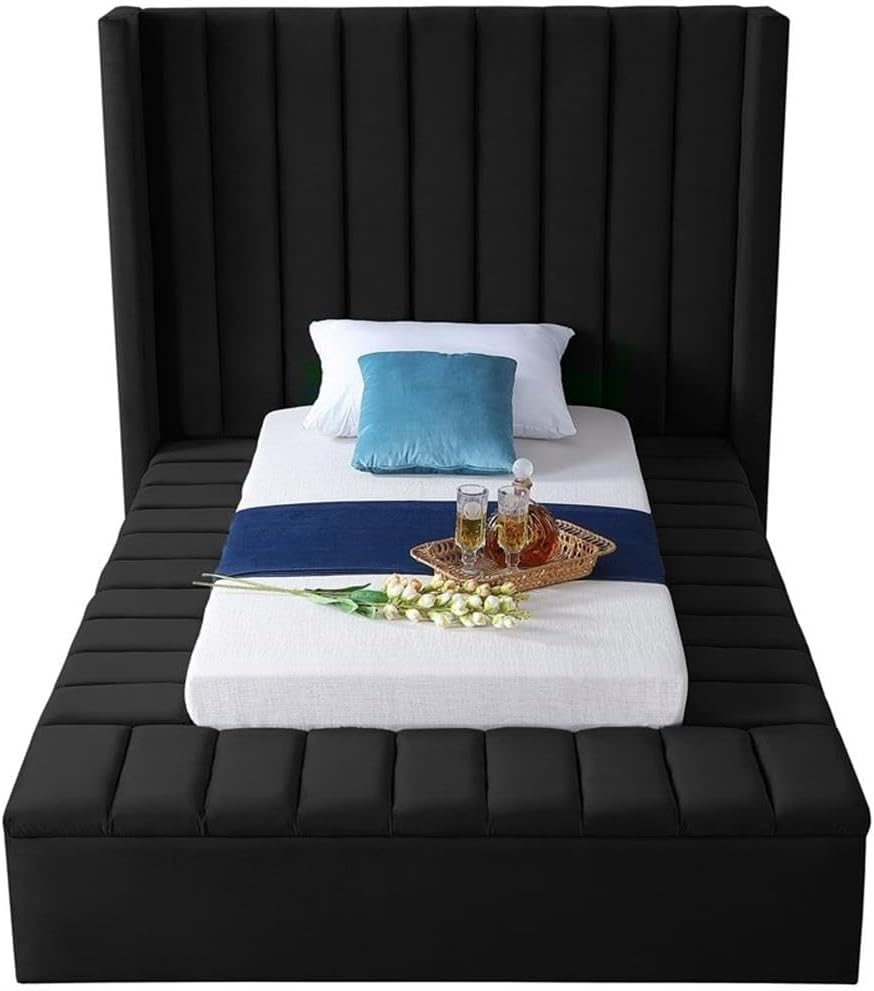 Meridian Furniture Kiki Collection Modern | Contemporary Velvet Upholsterd Bed with Channel Tufting, Siderails and Footboard Storage Compartments, Twin, Black