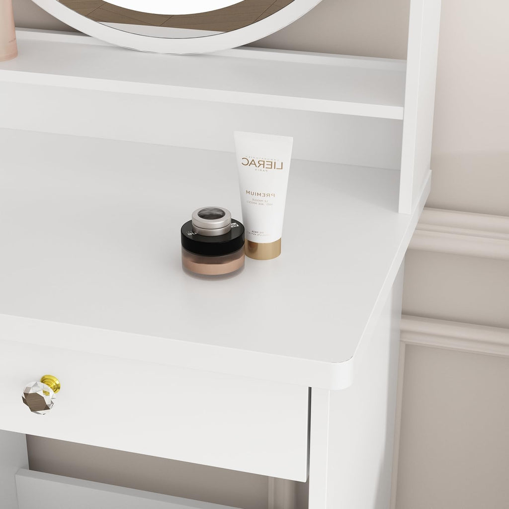 Vanity with Chair, Dressing Table with Lighted Round Mirror, 5 Drawers and Shelves, Makeup Vanity Set with Storage for Bedroom, Crystal Knobs, White, 15.7' D x 31.5' W x 53.1' H