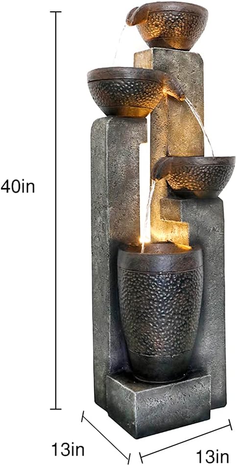 Outdoor Garden Water Fountain-Indoor Polyresin Waterfall Floor-Standing Fountains with LED Lights for Garden, Patio, Deck, Porch, Yard Art Decor (40inch)