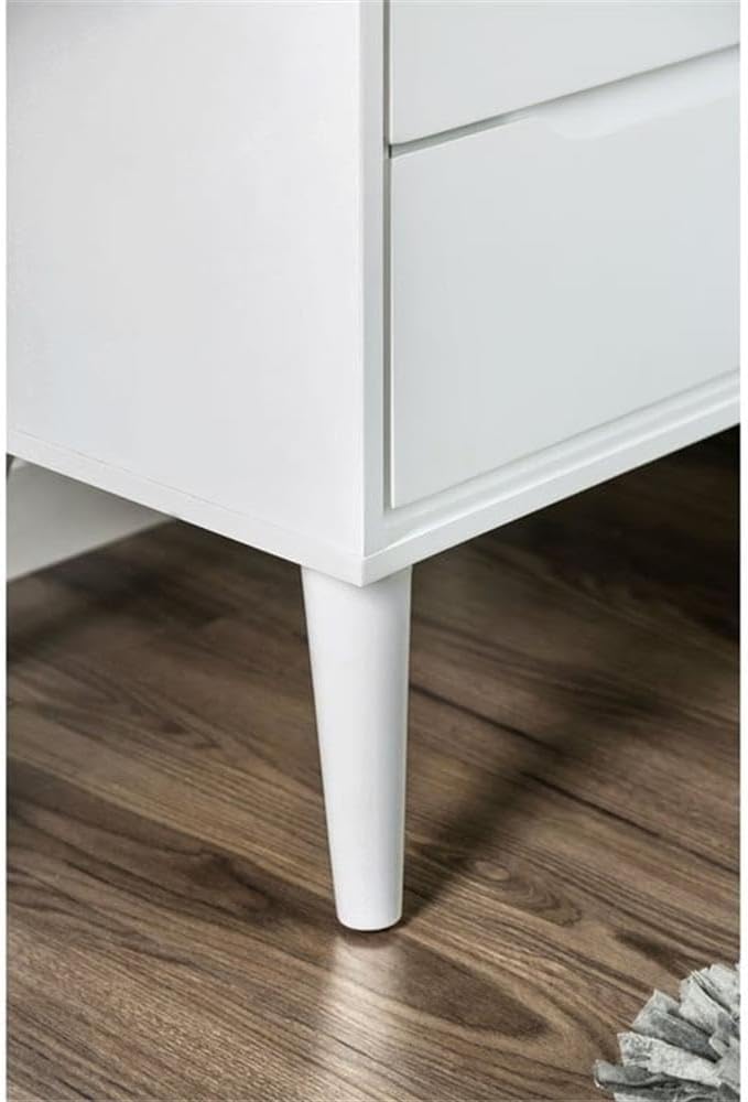 Allora 2pc Mid-Century Bedroom Set, Solid Wood & Veneer, White Finish, King Bed with Panel Headboard & Tapered Legs, Nightstand with 2 Drawers, Modern Minimalist Design for Bedroom Decor