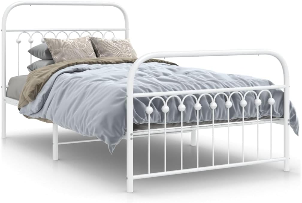 Steel Bed Frame with Footboard White Queen/Twin Size Platform Bed Frame Metal Slats Underbed Storage for Bedroom Furniture