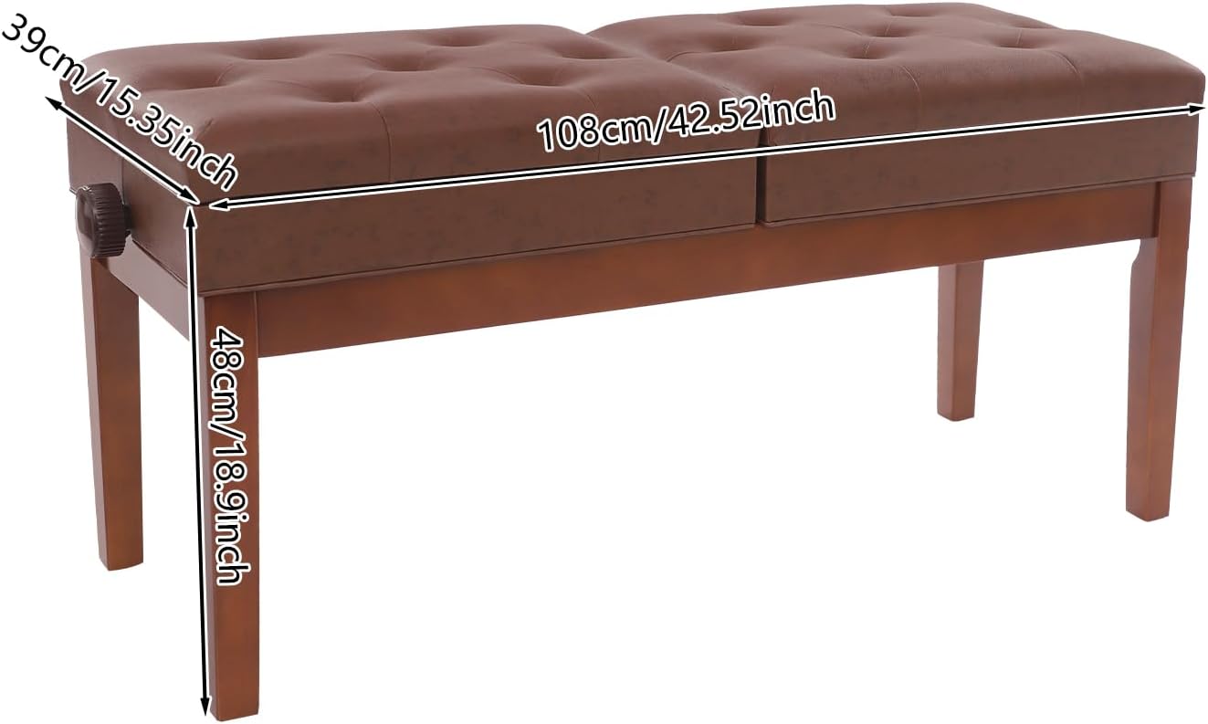 Adjustable Duet Piano Bench with Storage, Wood Keyboard Stool with PU Leather Padded Cushion, Double Seater Piano Chair with High-Density Sponge for Piano, Vanity, Living Room (Brown)