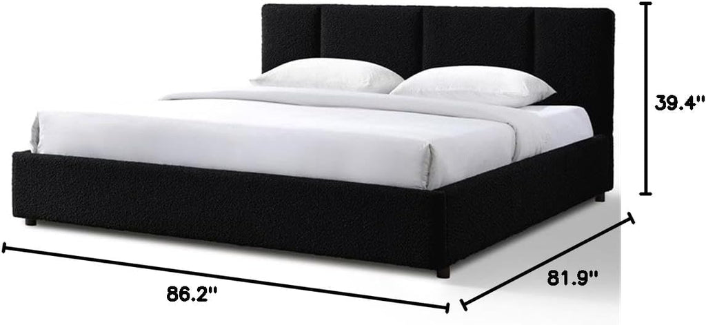 Venice Upholstered Platform Bed | Box Spring Not Required | (Black Boucle, King Bed Frame)