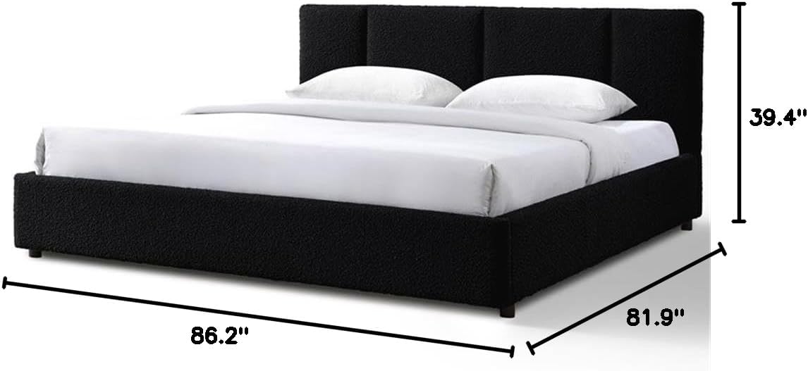 Venice Upholstered Platform Bed | Box Spring Not Required | (Black Boucle, King Bed Frame)