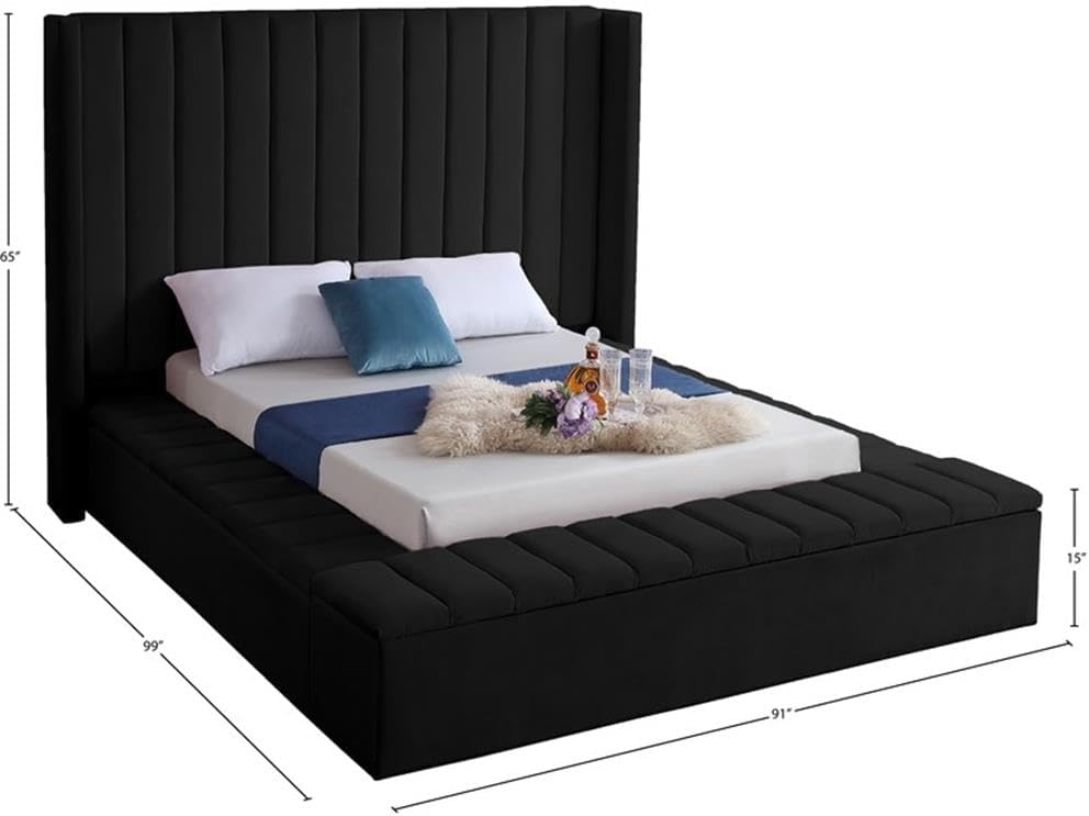 Meridian Furniture Kiki Collection Modern | Contemporary Velvet Upholsterd Bed with Channel Tufting, Siderails and Footboard Storage Compartments, Queen, Black