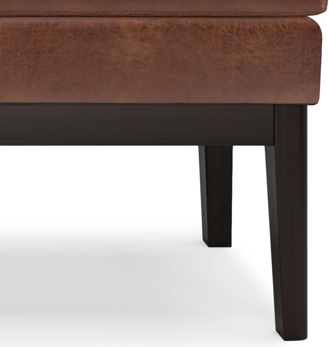 SIMPLIHOME Carlson Ottoman Bench - 45 inch Wide Upholstered Vegan Leather Rectangle Ottoman in Distressed Saddle Brown, Mid Century Modern Bench for Bedroom or Living Room with Padded Seat