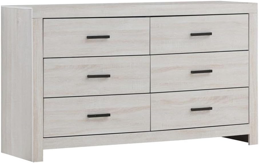 Pemberly Row 4-Piece Eastern King Panel Wood Bedroom Set, Coastal White Finish, Includes Bed, Nightstand, Dresser, Mirror, Rustic Plank Style, Brushed Nickel Hardware, Solid Bedroom Furniture
