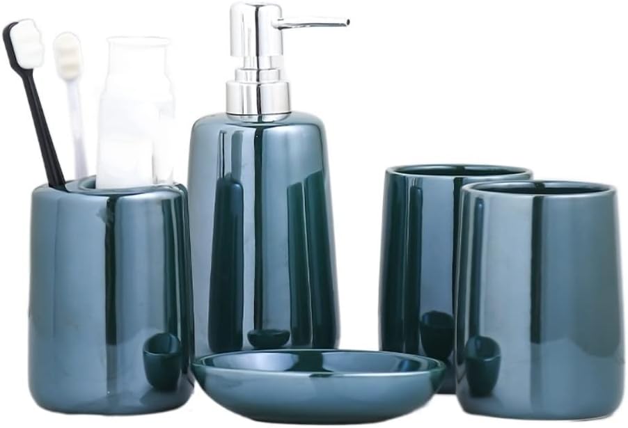 Vanity Bathroom Decor, 5 Piece Bathroom Accessory Set, Soap Dispenser for Liquid Soap Lotion Soap Dish and Toothbrush Holder Housewarming Gift(B)