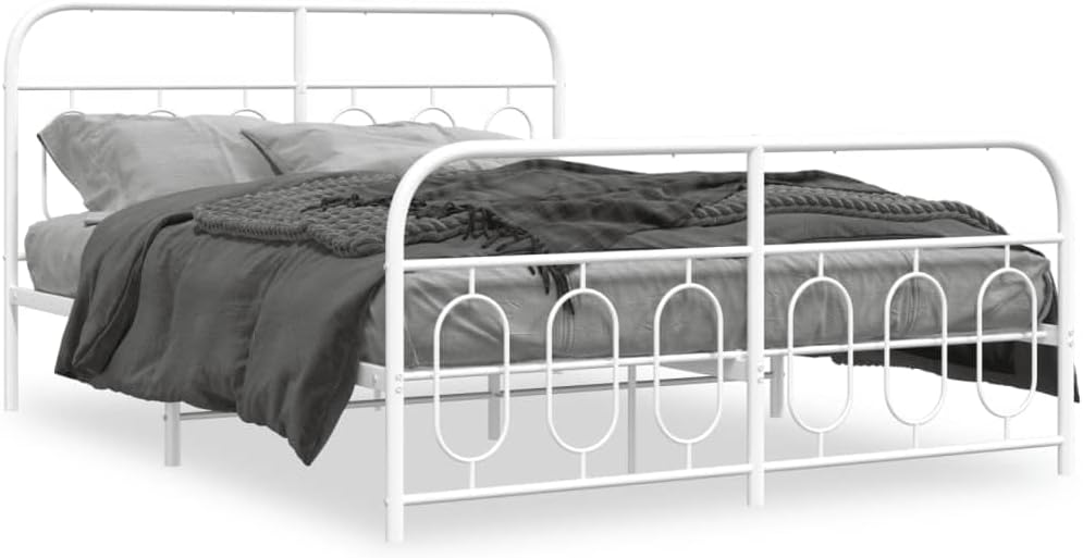 Metal Bed Frame with Footboard Steel Platform Bed Frame Queen Size White 59.1'x78.7' Heavy Duty Storage Space Underbed Design for Bedroom Furniture Guest Room