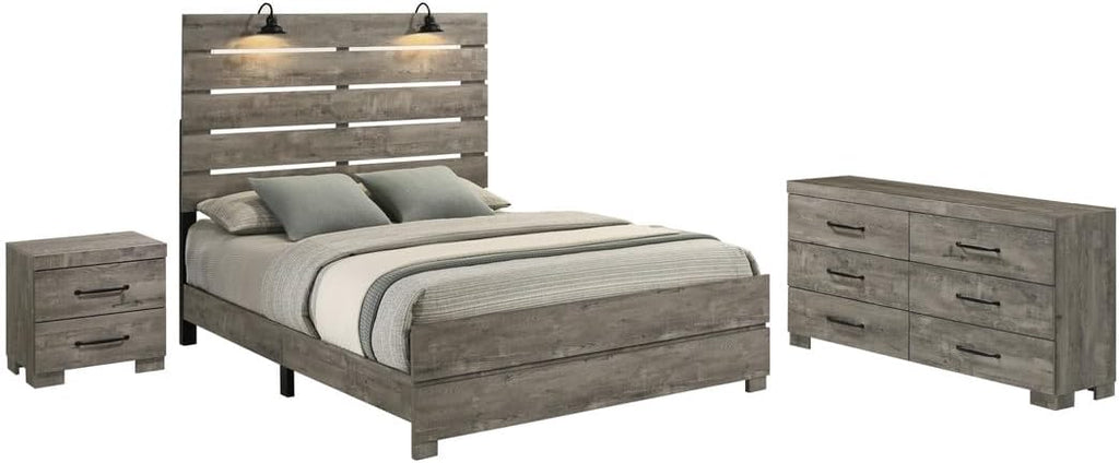 Modern 3-Piece Full Bedroom Set with LED Reading Lamps and USB Nightstands – Panel Bed Frame, Dresser, and Nightstand in Antique Gray Laminate Finish