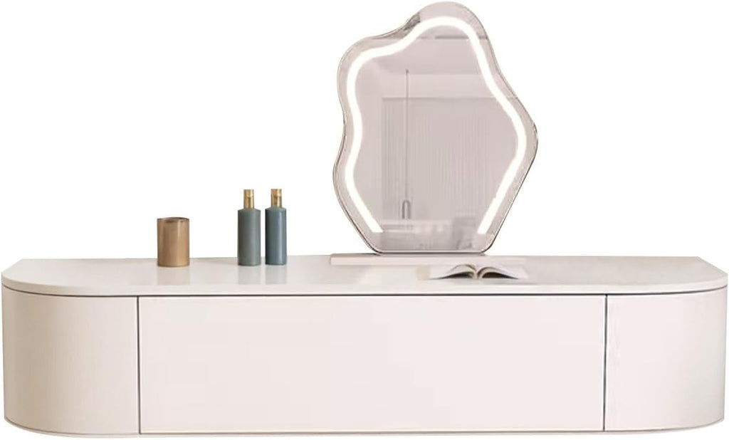 Floating Desk With Drawers White Wall Mounted Vanity Desk Corner Floating Vanity Makeup Table Storage Wall-mounted Cabinet Bedside Dressing Table Shelf With Drawer For Bedroom Included Mirror Mini(Fre