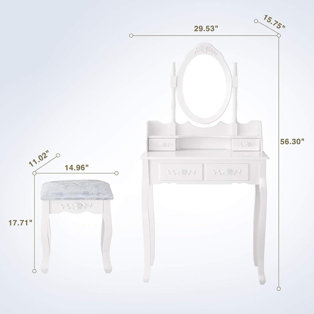 Whalefall Girls Makeup Vanity Set with Mirror and Stool, Small White Dressing Vanity Desk Table with Chair and Mirror (White Vanity)