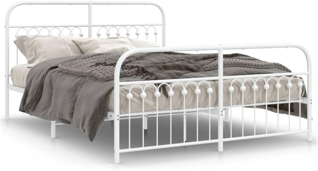 Metal Platform Bed Frame with Headboard and Footboard White Queen Size Steel Sturdy Structure Underbed Storage Space for Bedroom Furniture