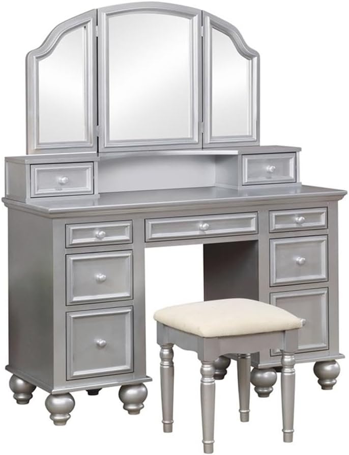 Pemberly Row Modern Wood 3-Piece Bedroom Vanity Set, Silver Finish, Transitional Style with Tri-Fold Oval Mirror, Cushioned Stool, 9 Storage Drawers, Elegant Design for Bedroom Use