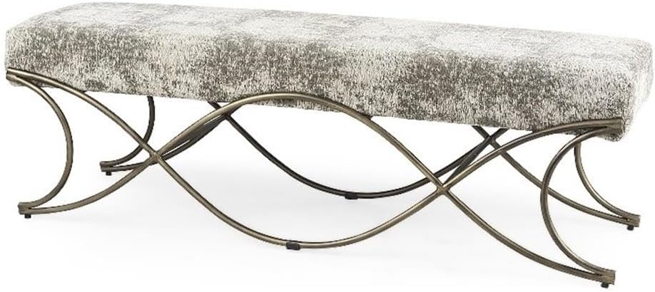 Pemberly Row Vanity Bench, 55 x 17.6 x 18 in, Light and Dark Gray Fabric Seat, Antique Gold Crisscross Metal Frame, Elegant Entryway or Living Room Seating, Versatile Decor Statement Piece