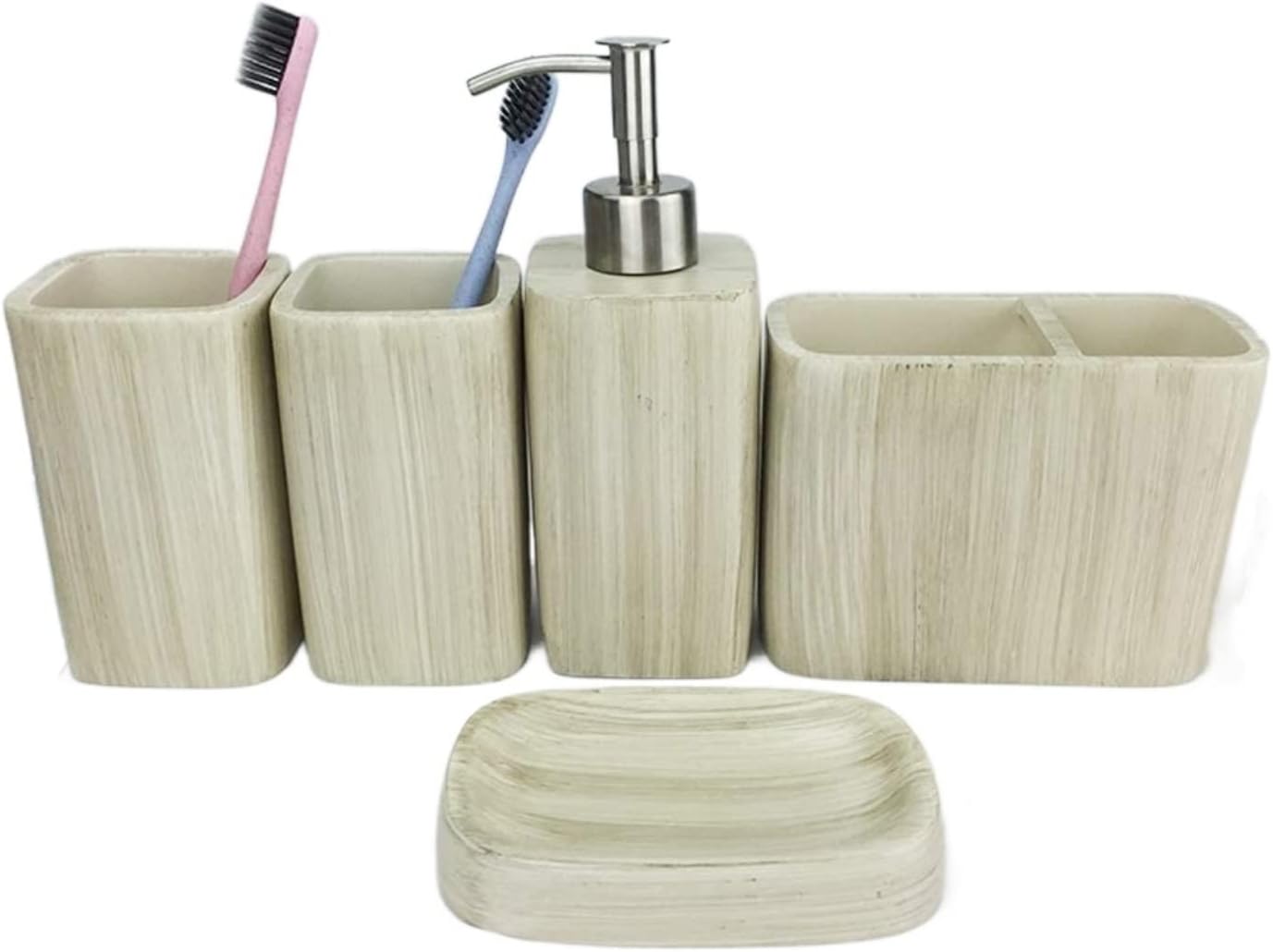 Vanity Bathroom Decor, Bathroom Accessory Set Modern Design European Style Resin Bathroom Accessory Set Imitation Wood Wash Set Housewarming Gift(White)