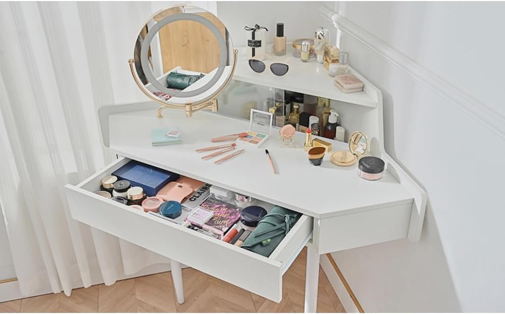 Modern Corner Makeup Vanity Desk with Large Storage, LED Mirror & Stool, Brightness Adjustable, Space-Saving for Small Places, White
