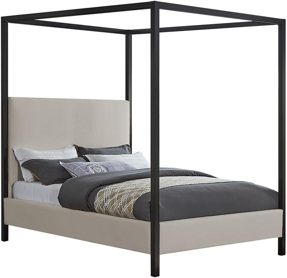 Meridian Furniture JamesGrey-Q James Collection Modern | Contemporary Queen Bed with Beige Linen Textured Fabric, Matte Black Steel Canopy, Full Slats, 65' W x 85' D x 86' H, Beige, Queen
