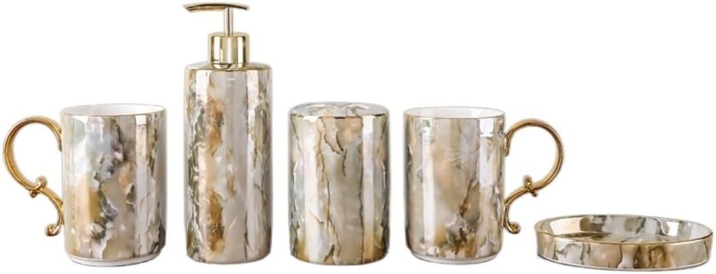 Vanity Bathroom Decor, Bathroom Accessories Set，Ceramic Soap Dispenser Refillable Lotion Liquid Soap Pump Housewarming Gift(A,5Pieces)