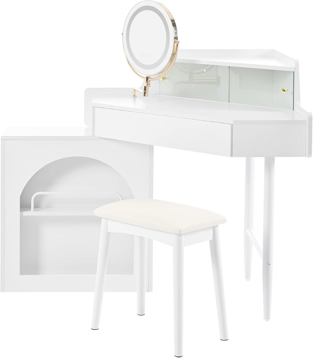 Corner Makeup Vanity Desk with Mirror LED Lights, Vanity Set with Mirror and Stool, Dressing Table with Large Storage for Small Place, Brightness Adjustable Folding Mirror, White