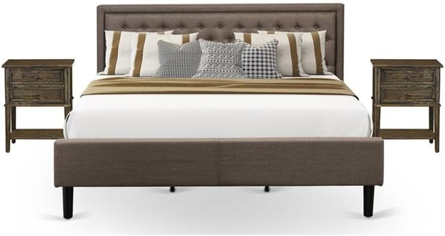 Pemberly Row 3-Piece Wood King Bedroom Set, Brown/Jacobean Finish, Includes King Platform Bed Frame with Linen Fabric Headboard and 2 Nightstands, Engineered Wood Construction for Elegant Bedroom
