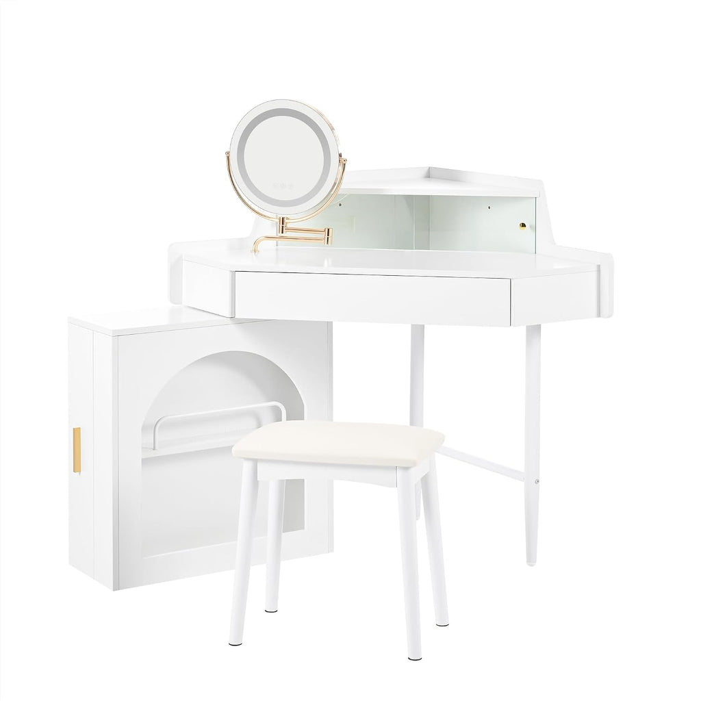 Corner Makeup Vanity Desk with Mirror LED Lights, Vanity Set with Mirror and Stool, Dressing Table with Large Storage for Small Place, Brightness Adjustable Folding Mirror, White