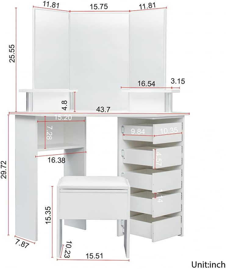 Corner Vanity Unit, Vanity Unit with Mirror Drawers, Modern Bedroom Corner Freestanding Floor-to-Ceiling Storage Unit with Shelves, Bench Not Included