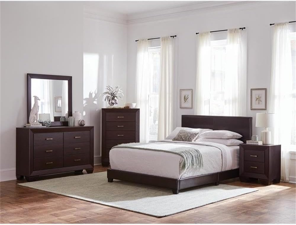 MAKLAINE 4-Piece California King Bedroom Set, Brown Faux Leather Bed with Black Rubberwood Legs, Includes Nightstand, Dresser, Mirror, Mid-Century Modern Style, Transitional Furniture for