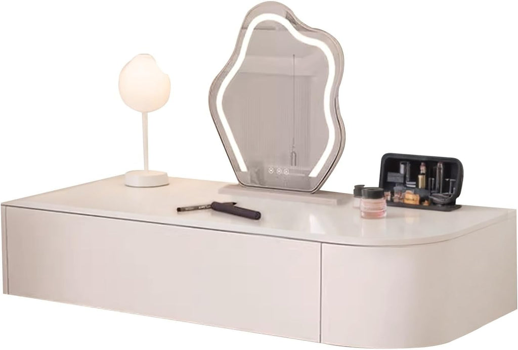 Corner Floating Desk with Drawers, Floating Vanity Makeup Table, Small Wall Mounted Floating Dressing Table Wall Storage Set, Wood Floating Shelf with Drawers, Modern White Vanity with Lighted Mirror(