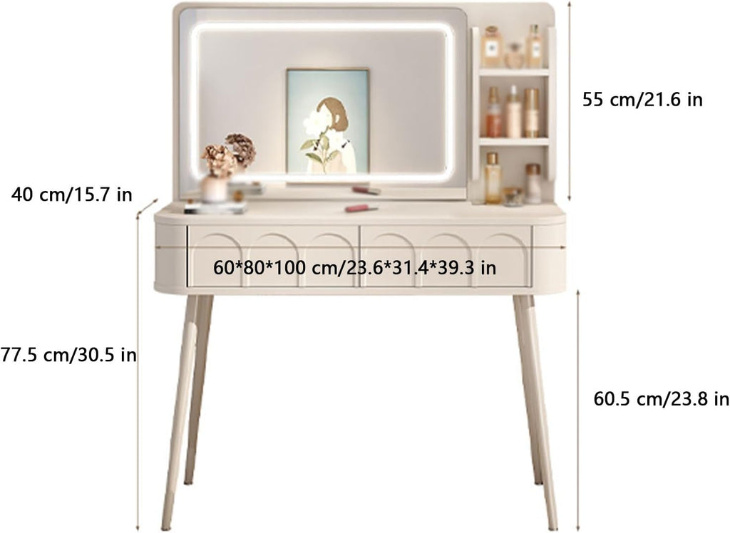 White Vanity with Lighted Mirror Vanity Desk with Lights Small Vanity Desk Smart Makeup Mirror Reasonable partition Rounded Corner Design Large Storage Capacity Suitable,A-60 * 40 * 77.5 cm