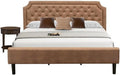 East West Furniture GB28K-1HI07 2-Piece Granbury Bedroom Set with Button Tufted King Bed and 1 Distressed Jacobean Bedroom Nightstand - Brown faux Leather with Brown Texture and Black Legs