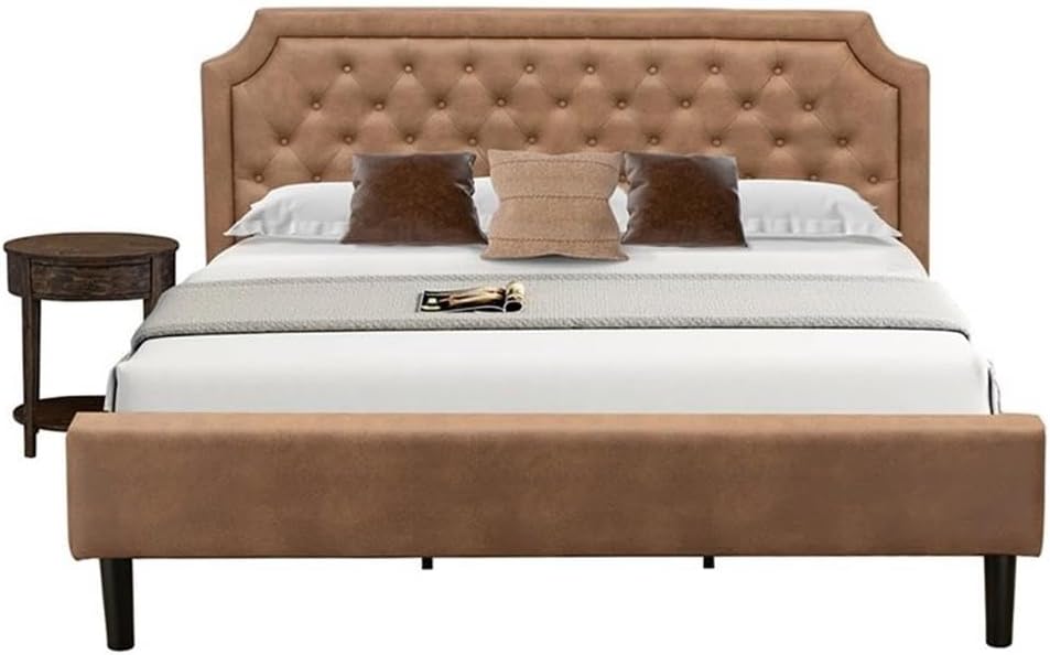East West Furniture GB28K-1HI07 2-Piece Granbury Bedroom Set with Button Tufted King Bed and 1 Distressed Jacobean Bedroom Nightstand - Brown faux Leather with Brown Texture and Black Legs