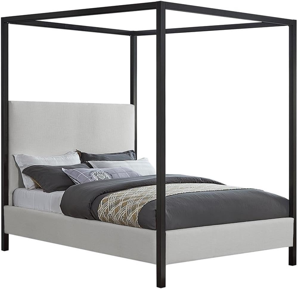 Meridian Furniture JamesBeige-F James Collection Modern | Contemporary Full Bed with Cream Linen Textured Fabric, Matte Black Steel Canopy, Full Slats, 59' W x 80' D x 86' H, Cream, Full