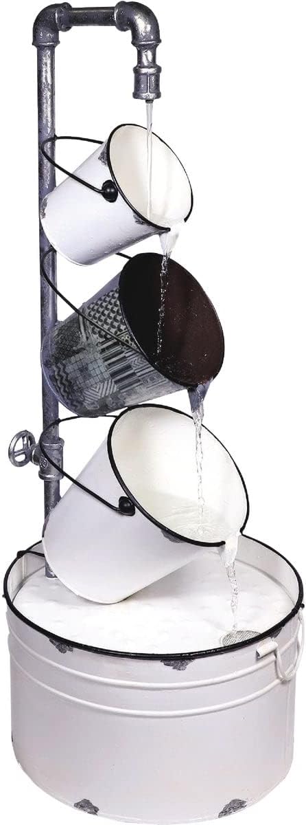 Alpine Corporation MCC594 33' Indoor/Outdoor Floor Vintage Metal Pails Fountain – Tiered Pails Garden Fountain, Water Feature for Patio, Garden, Yard, and Outdoor Spaces, Rustic Cream