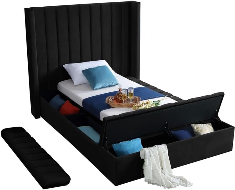 Meridian Furniture Kiki Collection Modern | Contemporary Velvet Upholsterd Bed with Channel Tufting, Siderails and Footboard Storage Compartments, Twin, Black