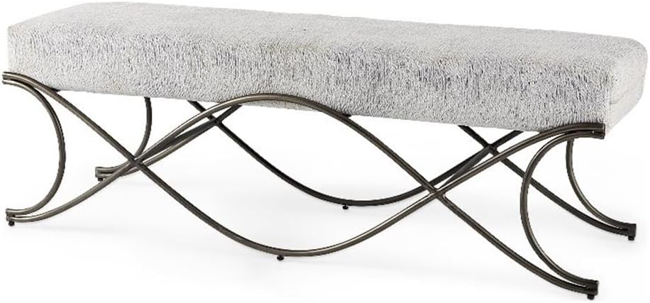 Pemberly Row Vanity Bench, 55 in x 17.6 in x 18 in, Dark Gray Fabric Seat, Dark Nickel Metal Frame, Soft Cushioned Seating with Crisscross Legs, Contemporary Style for Entryway or Communal Spaces
