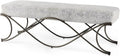 Pemberly Row Vanity Bench, 55 in x 17.6 in x 18 in, Dark Gray Fabric Seat, Dark Nickel Metal Frame, Soft Cushioned Seating with Crisscross Legs, Contemporary Style for Entryway or Communal Spaces